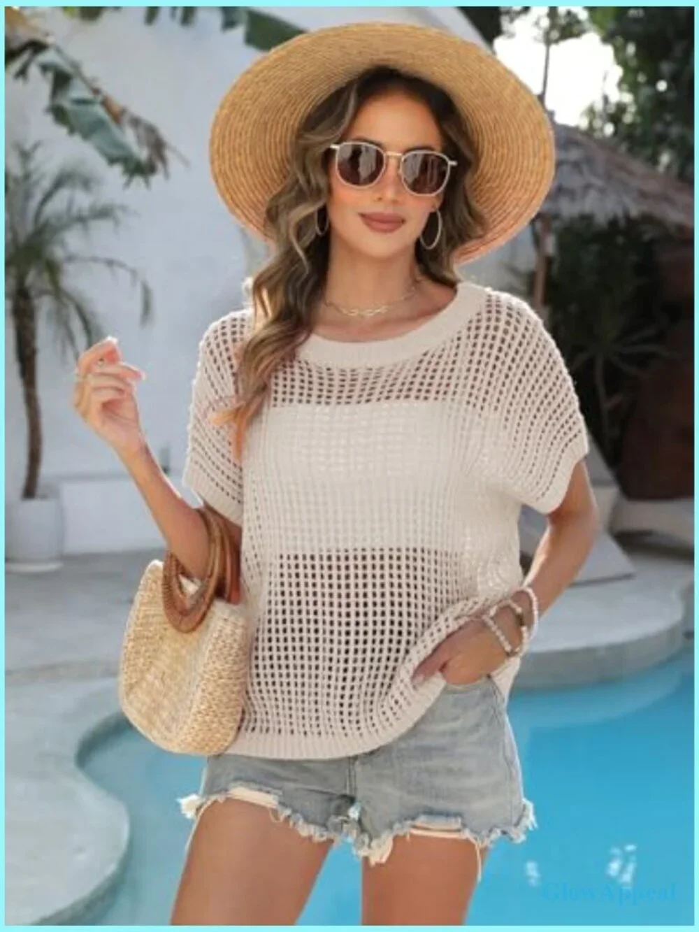 Crochet Knit Swim Coverup - Scoop Neck Short Sleeve Beach Top